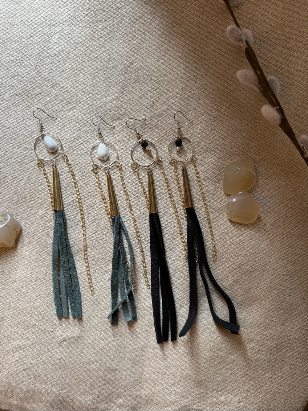 Gold-Tone Tassel Drop Earrings in Black and Teal